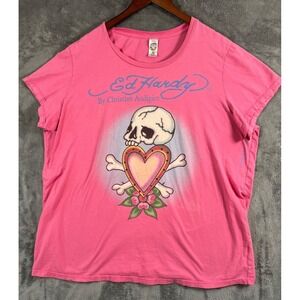 Ed Hardy By Christian Audigier T Shirt Womens 3X Pink Skull in Love Vintage